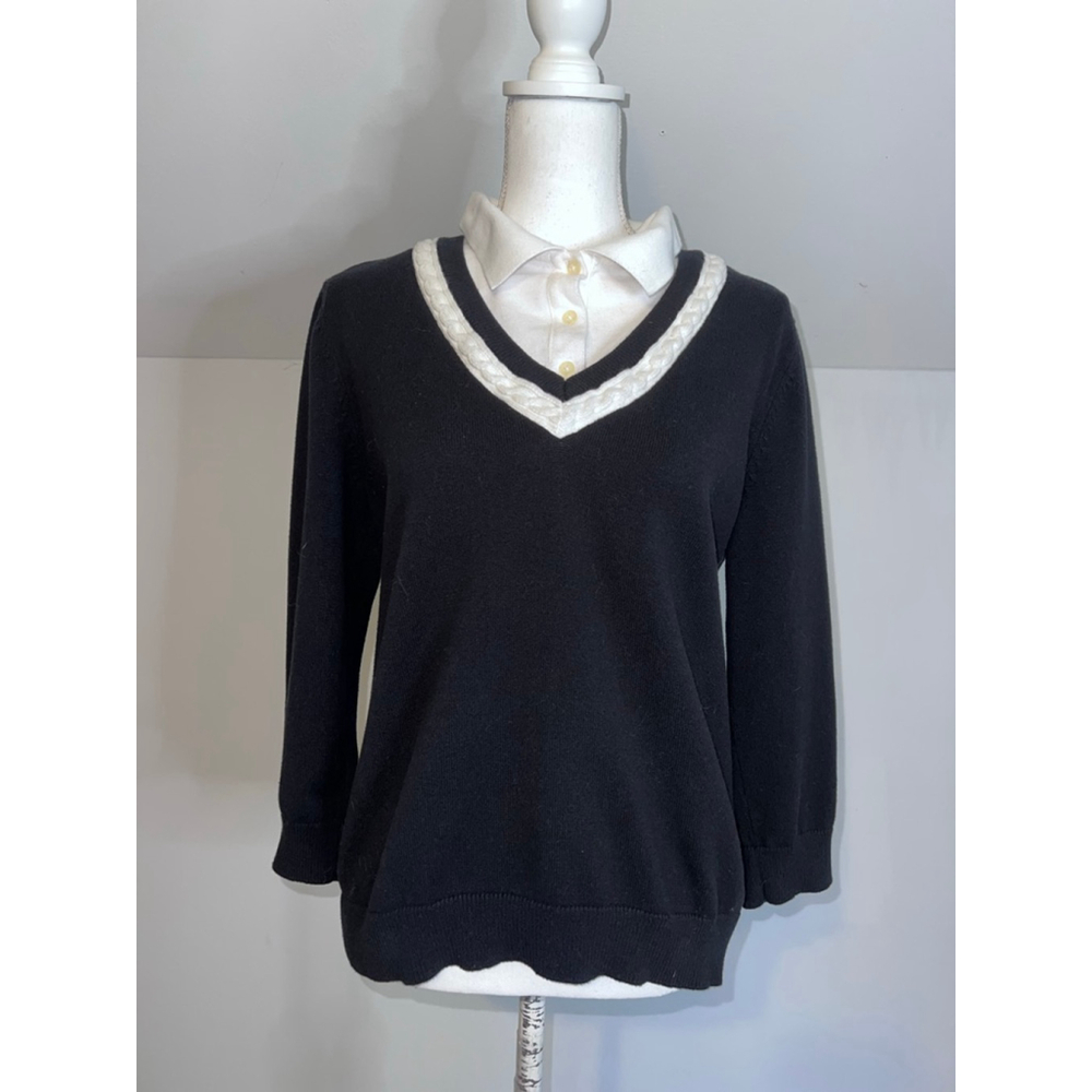 VTG Lauren Ralph Lauren Black & White V-Neck Sweater XL